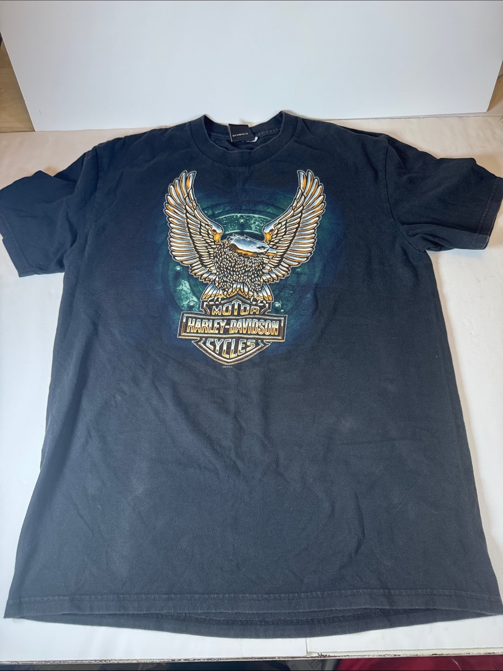 Harley-Davidson Black Tee with Gold and Blue Eagle Graphic